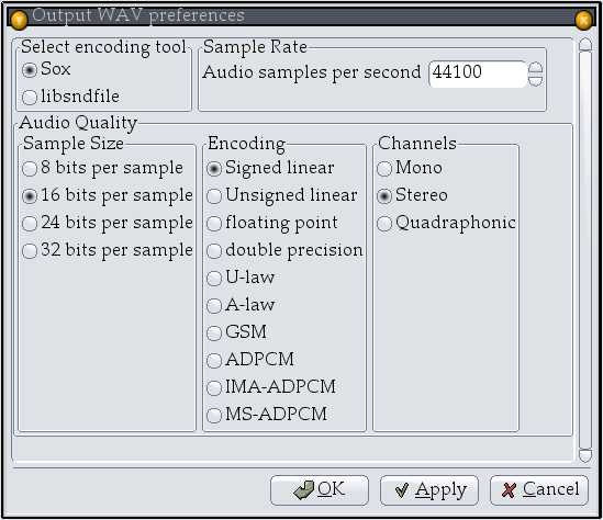 WAV preferences dialog